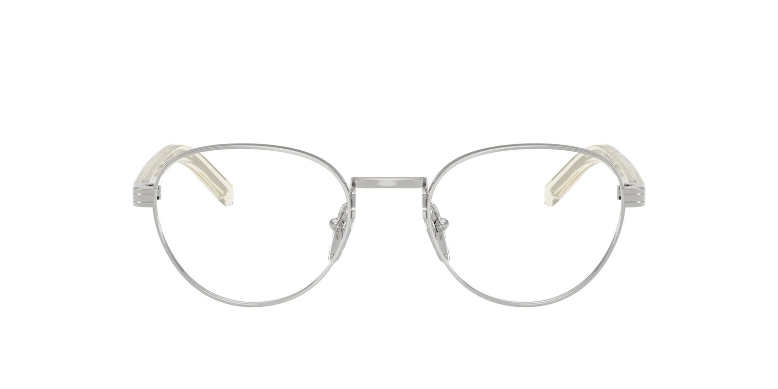 Das Bild zeigt die Prada Brille B53V in Silber von vorne.